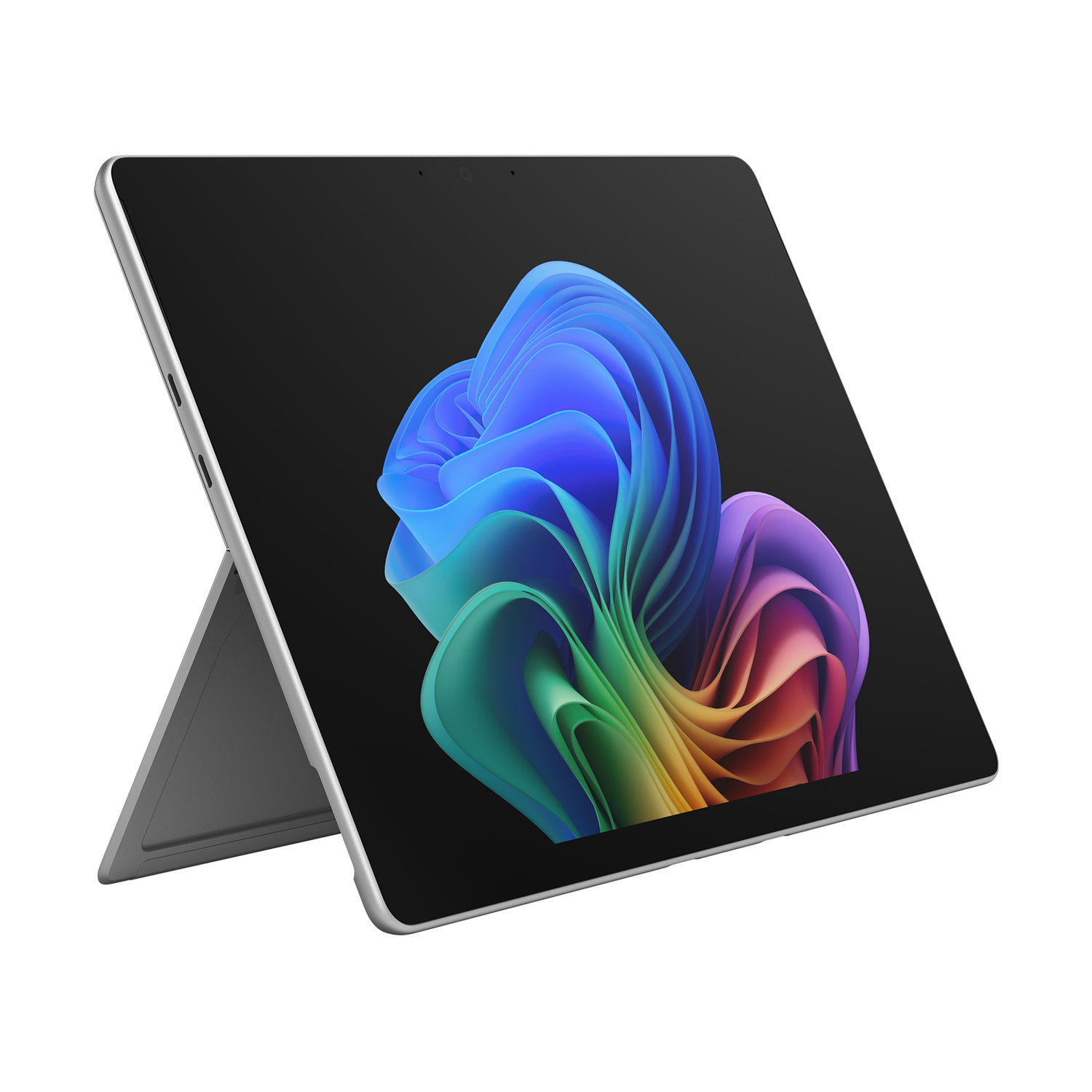 Un tablet argentato con cavalletto, che mostra uno sfondo astratto colorato.