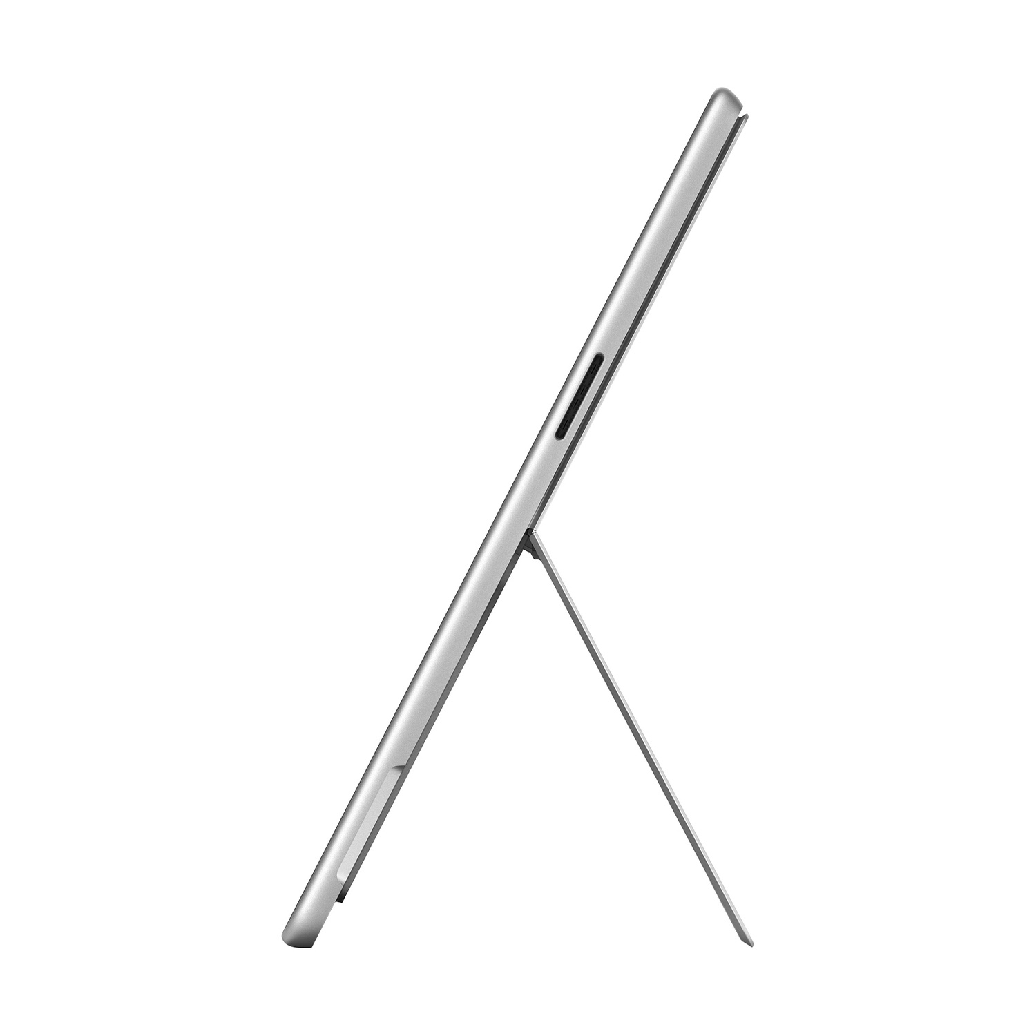 Un tablet argentato con cavalletto, visto di profilo su sfondo bianco.
