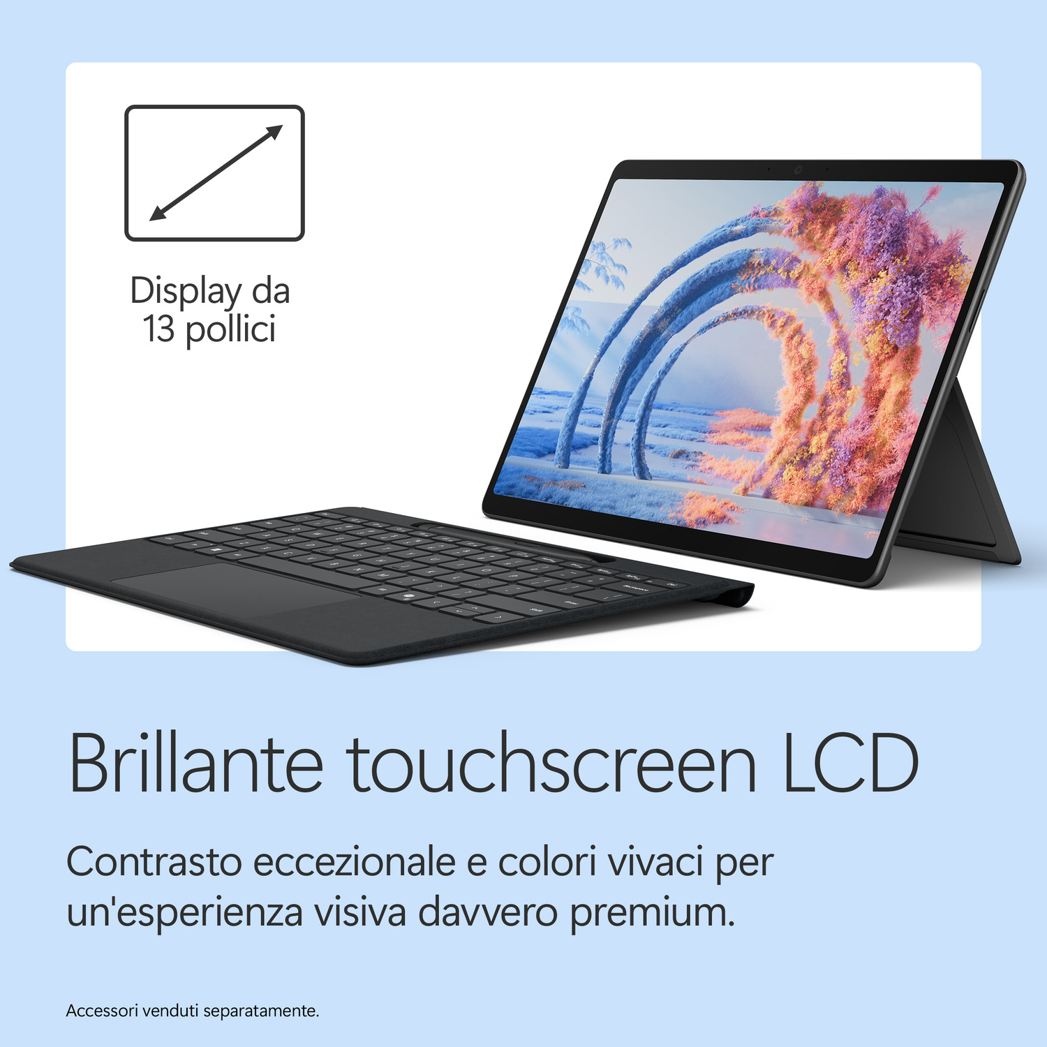 Un laptop touchscreen da 13 pollici con tastiera e display vibrante.