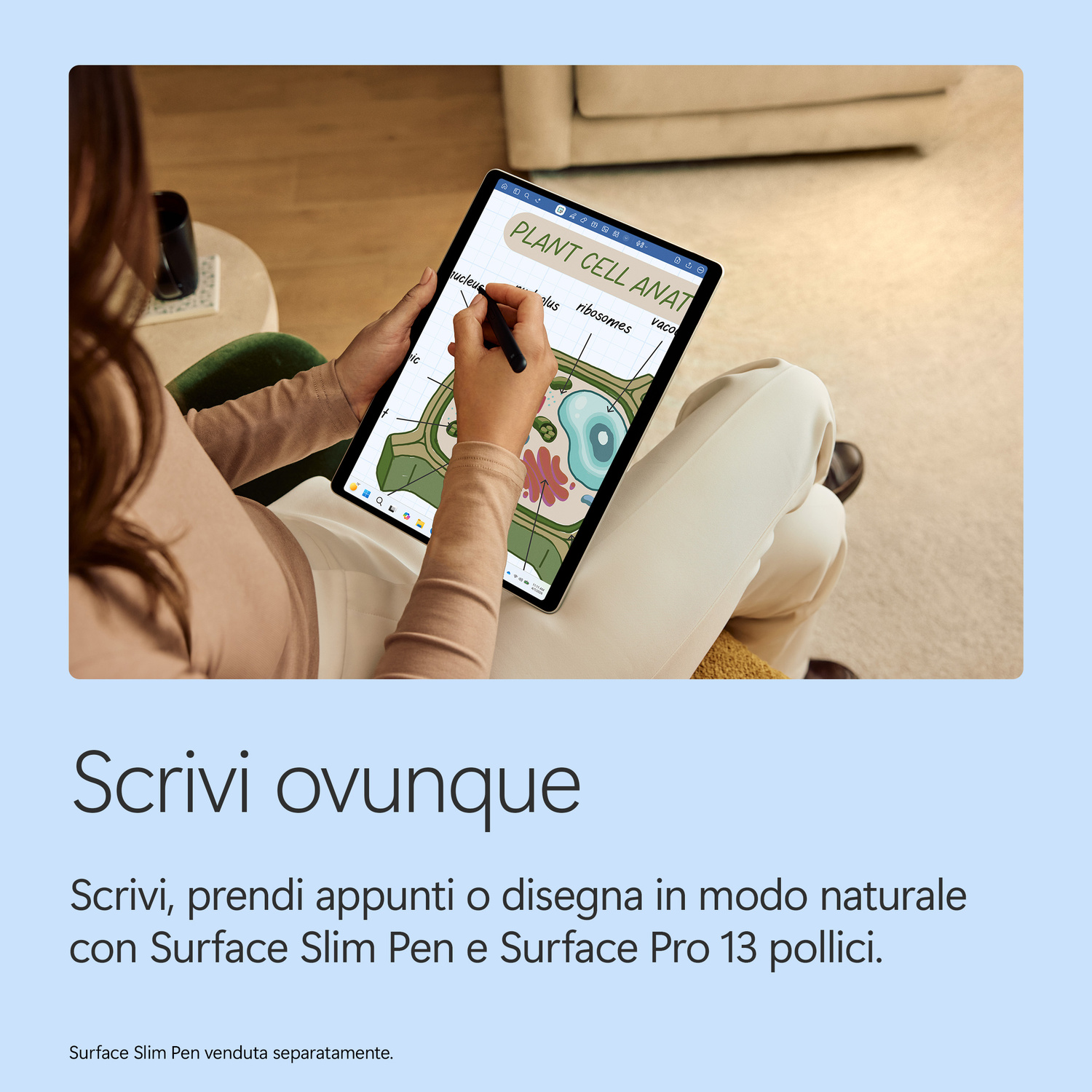 Una persona tiene un tablet con anatomia di cellula vegetale, annotandola con uno stilo.