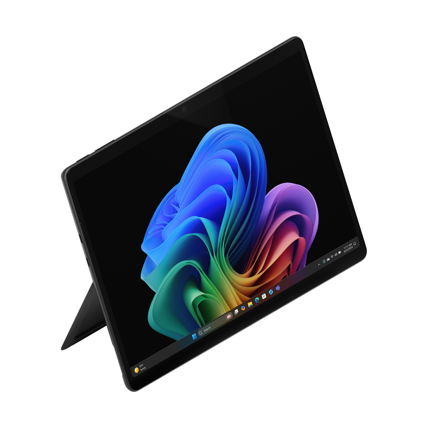 Un tablet nero con cavalletto, che visualizza uno sfondo colorato di Windows.