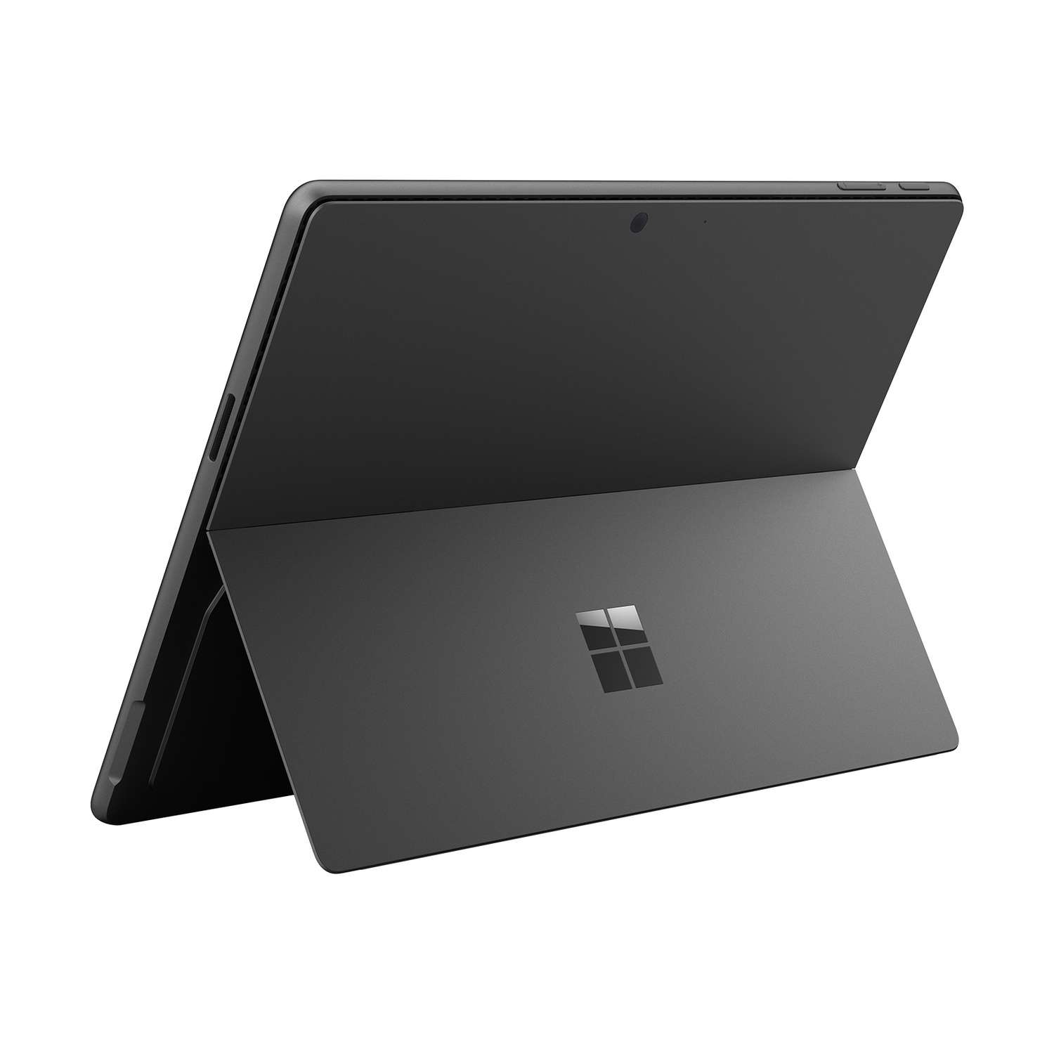 Un laptop scuro con cavalletto aperto e logo Microsoft.