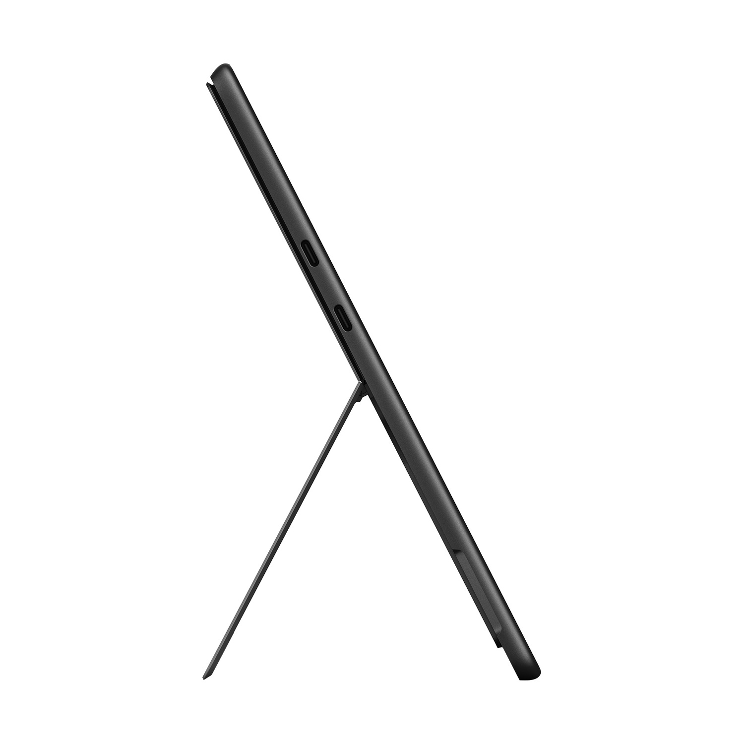 Tablet nero con cavalletto esteso, su sfondo bianco.