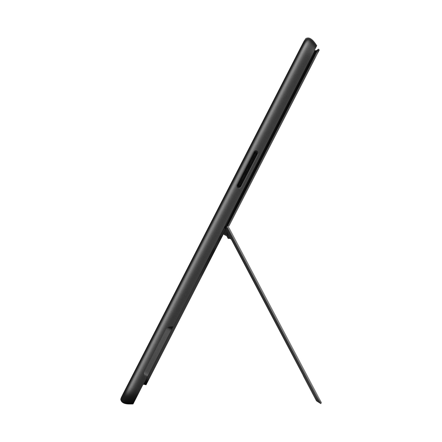 Un tablet nero con cavalletto esteso, isolato su sfondo bianco.