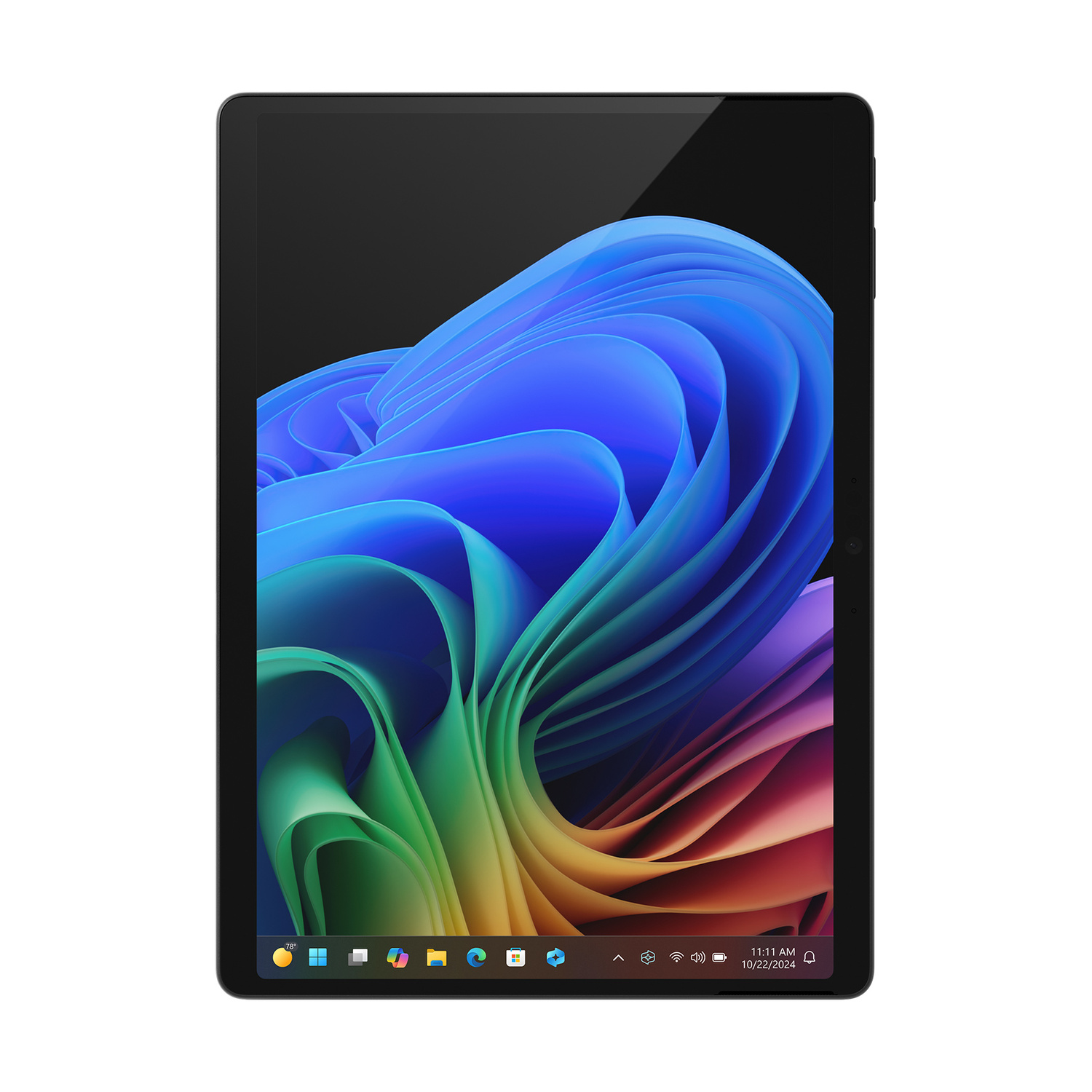 Un tablet nero con sfondo astratto colorato e una barra delle applicazioni.