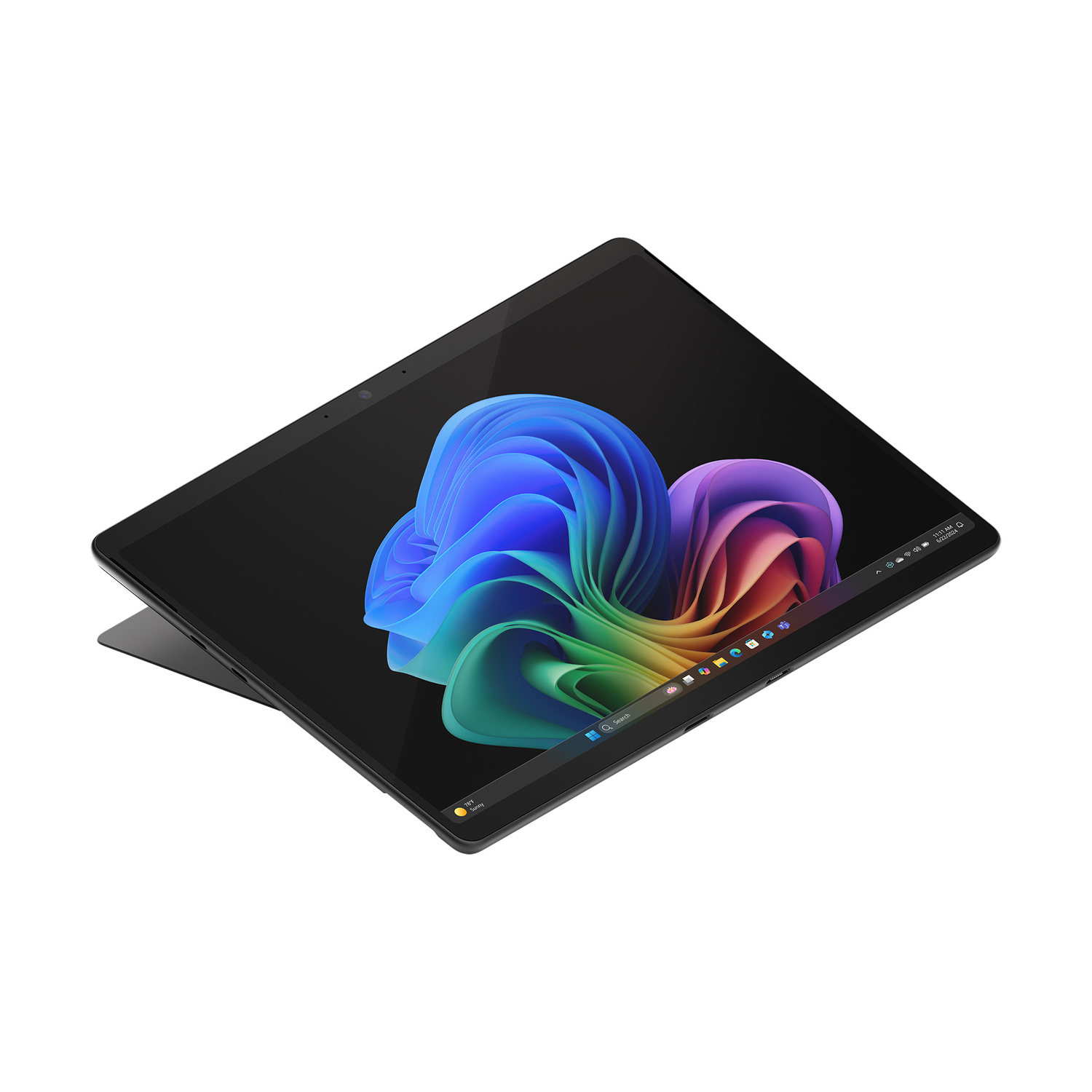 Un laptop nero con uno sfondo astratto e colorato sullo schermo.