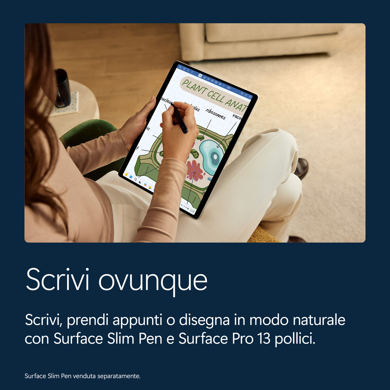 Persona che disegna una cellula vegetale su un tablet con Surface Slim Pen.