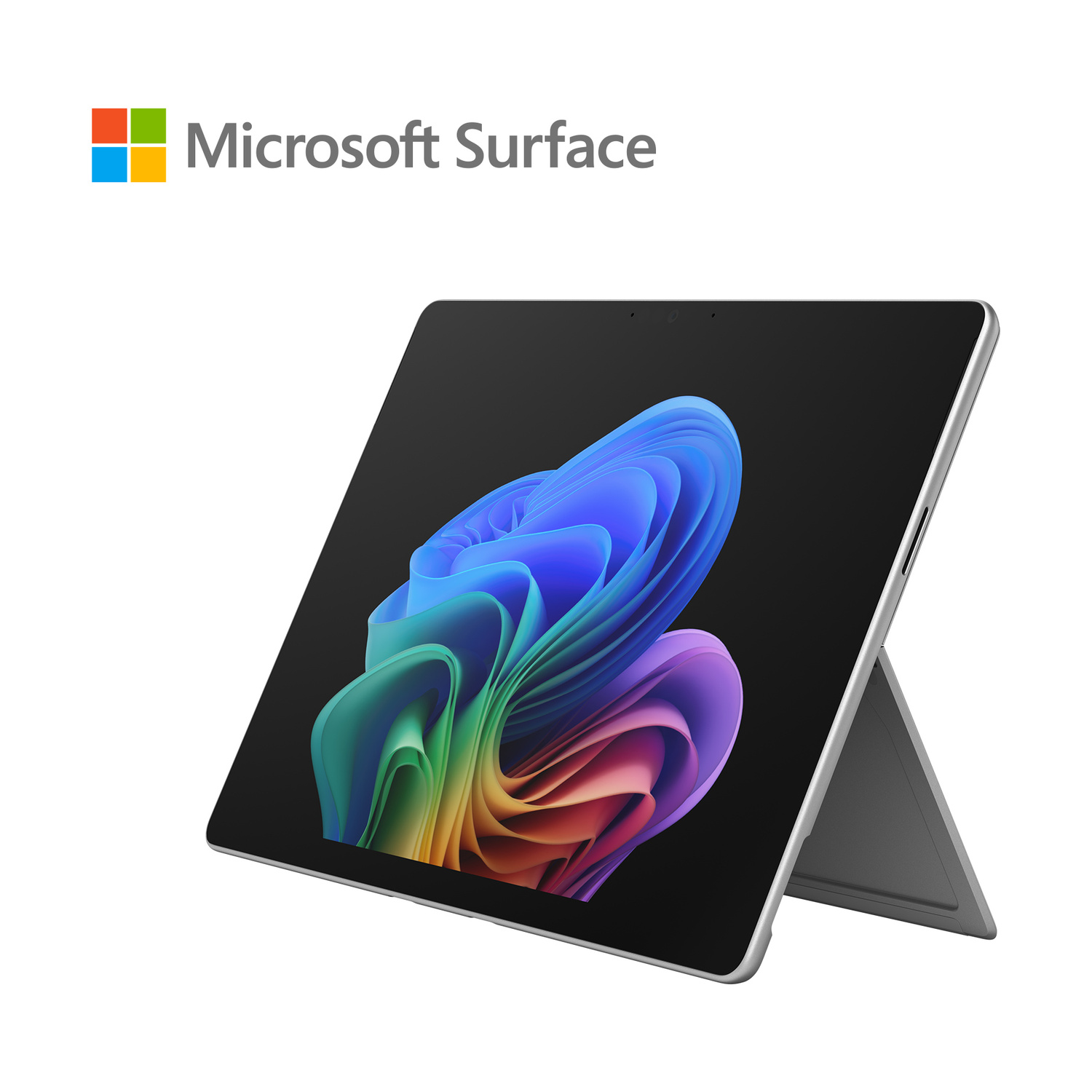 Logo Microsoft Surface e tablet con sfondo astratto colorato sullo schermo.