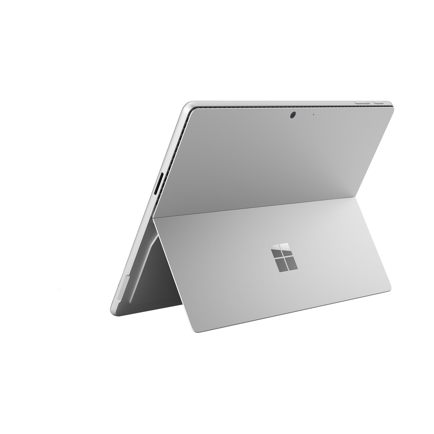 Tablet argento con cavalletto aperto, su sfondo bianco.