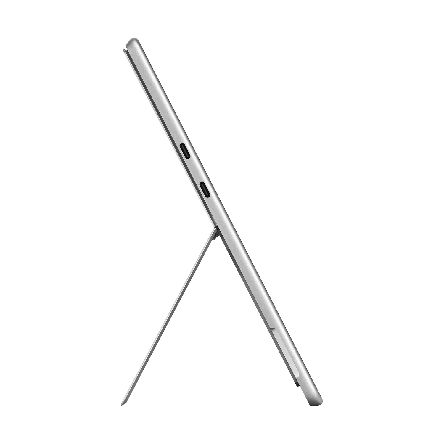 Tablet argento con cavalletto, visto di profilo su sfondo bianco.