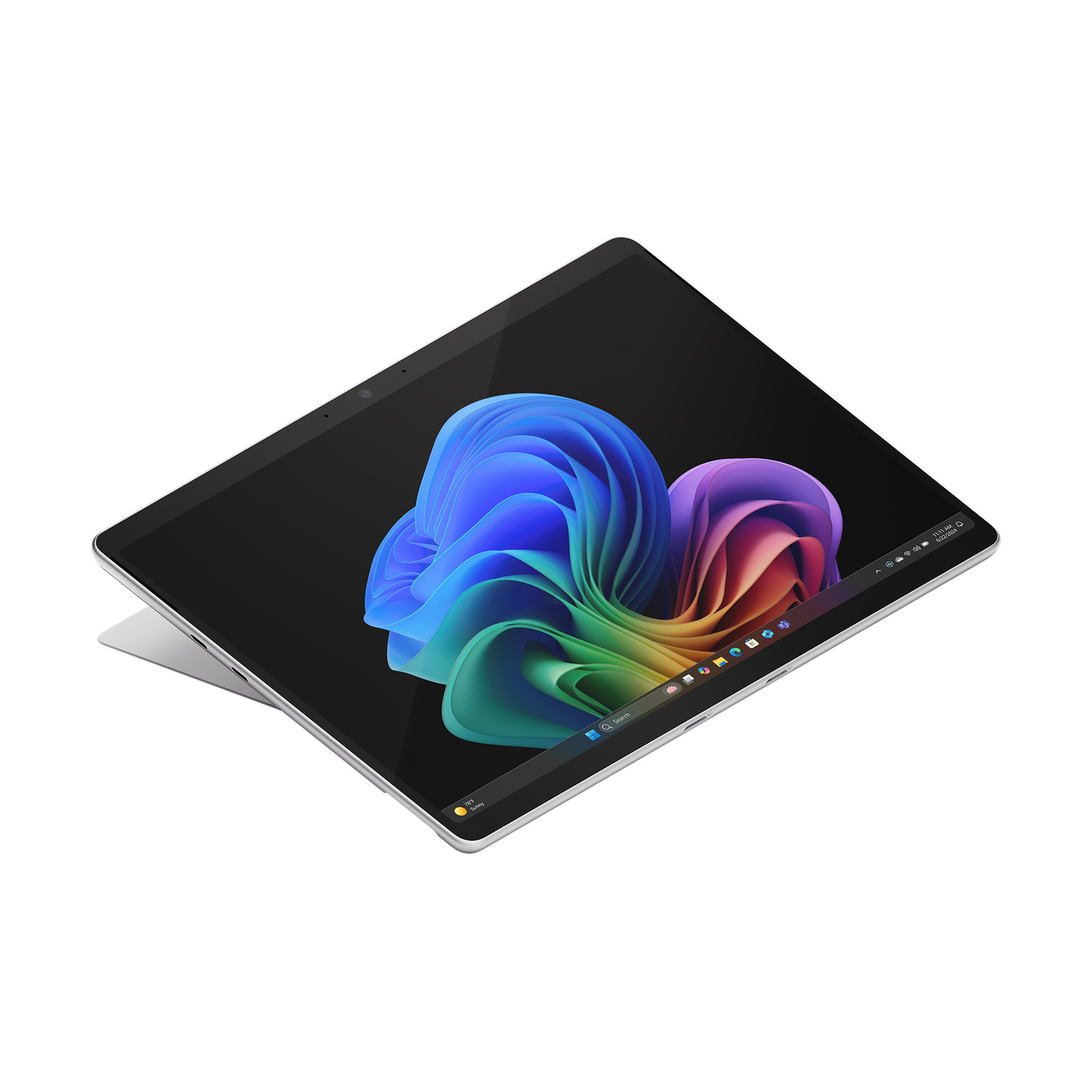 Un tablet argentato con uno sfondo colorato e una barra delle applicazioni.