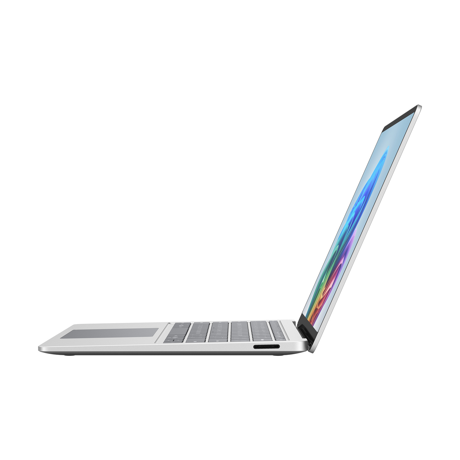 Un laptop argento con lo schermo aperto, che mostra uno sfondo colorato.