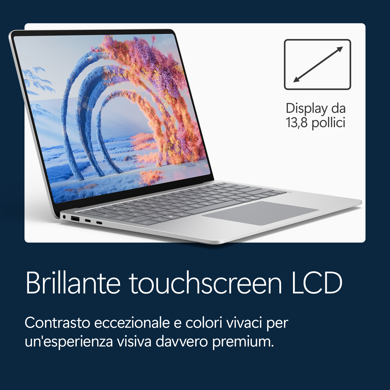 Un laptop argento con schermo touchscreen da 13,8 pollici e arte astratta.