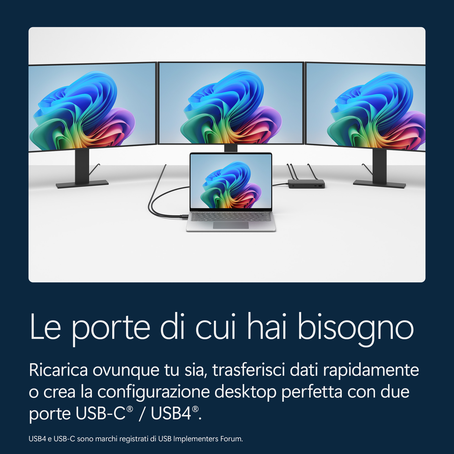 Un laptop è collegato a tre monitor tramite una docking station.