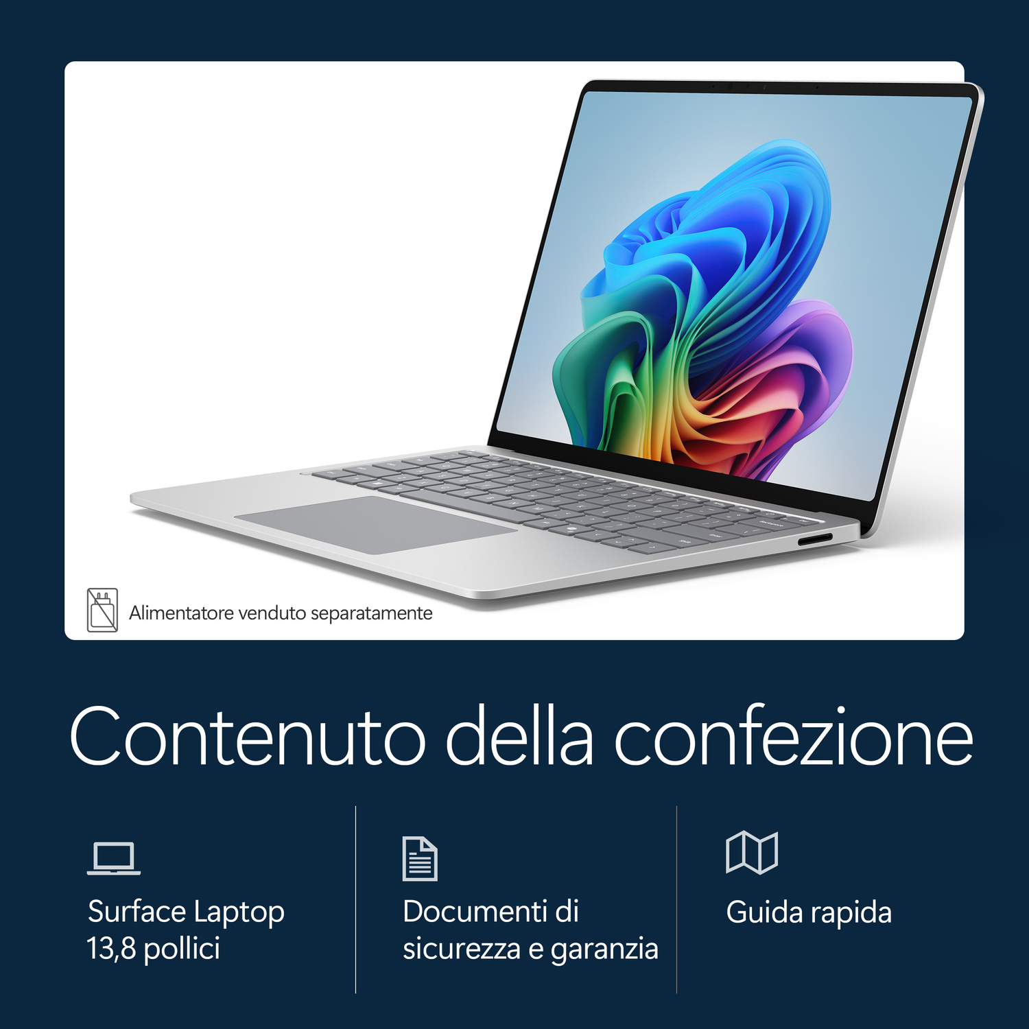 Un laptop argento con uno sfondo colorato. Alimentatore venduto separatamente.