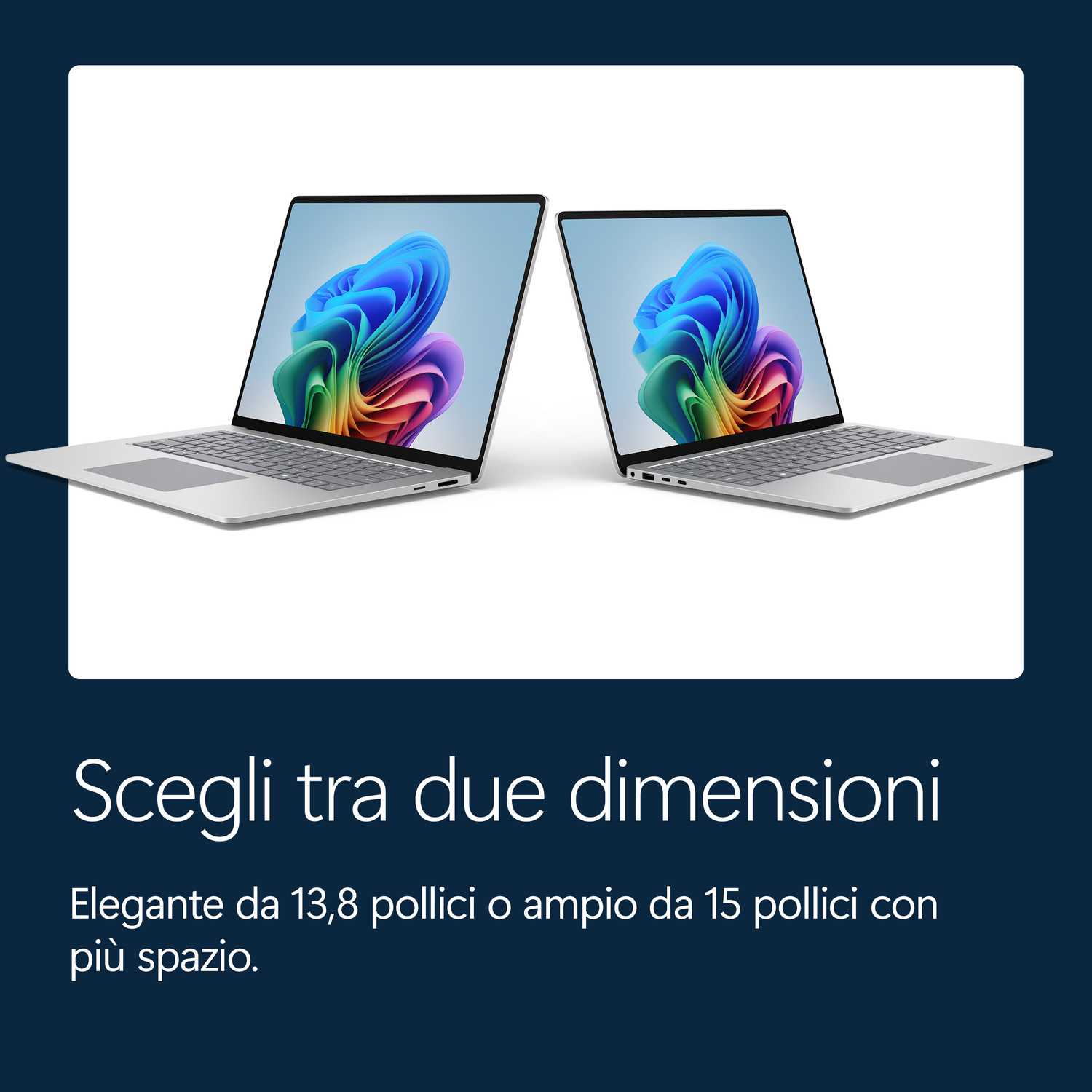 Due laptop argentati uno accanto all'altro, con sfondi astratti colorati.