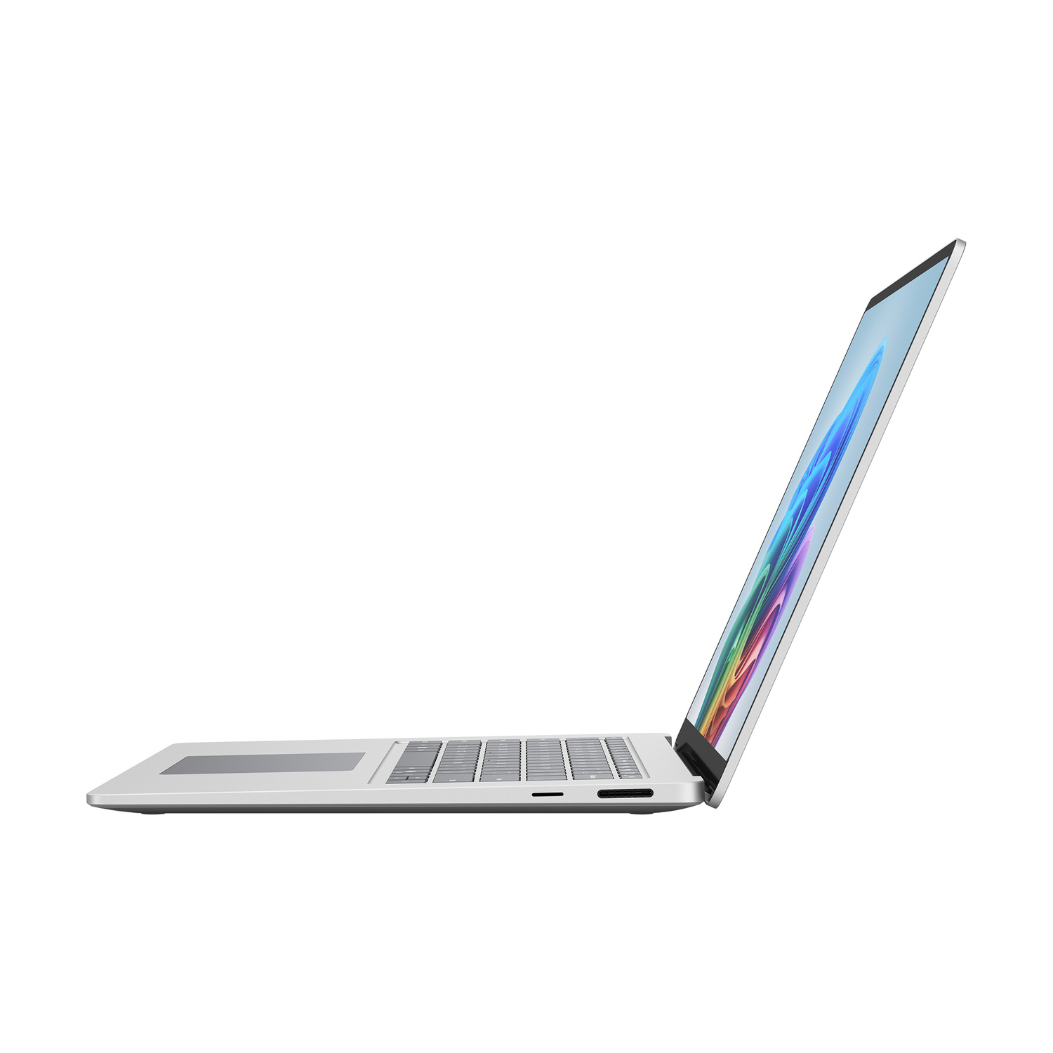 Un laptop argentato con sfondo colorato è mostrato di lato su sfondo bianco.