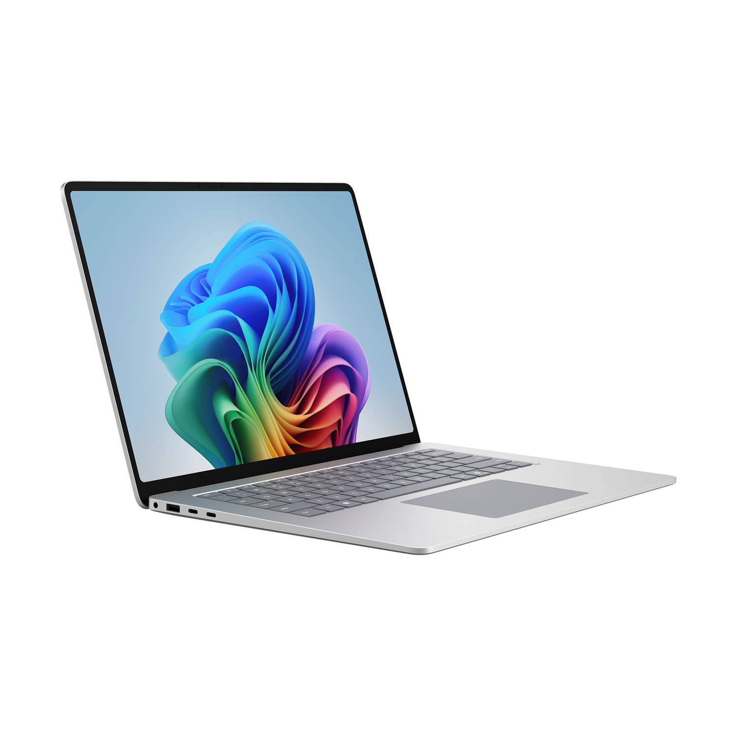 Un laptop argentato con uno sfondo colorato, su sfondo bianco.