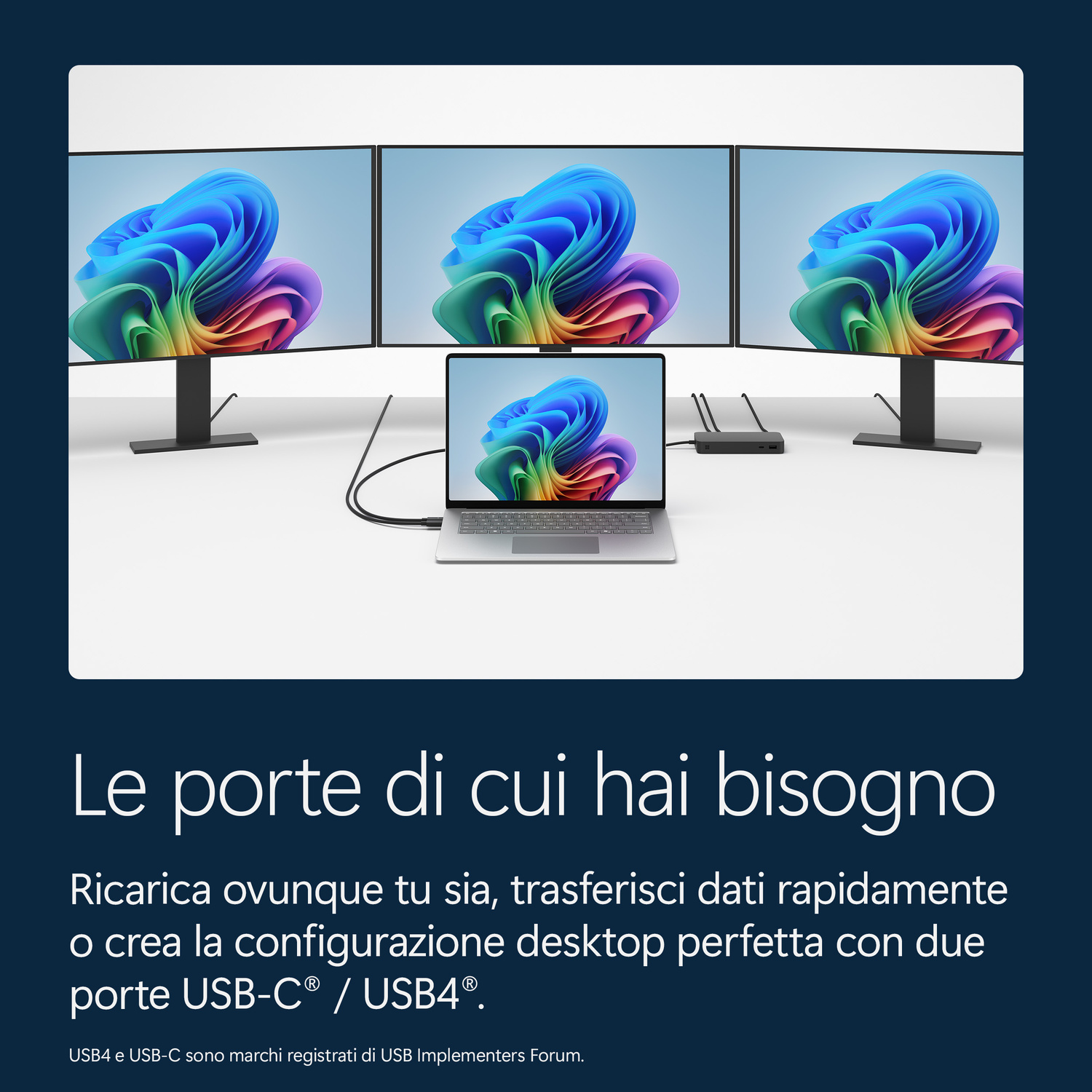 Un laptop e tre monitor con sfondo colorato, collegati tramite una docking station.