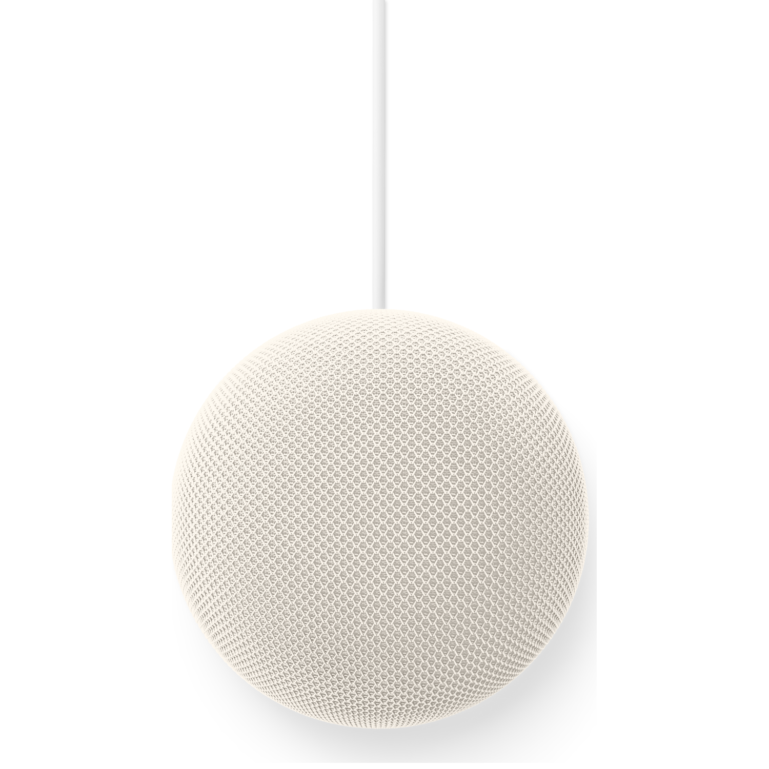 Een witte, bolvormige luidspreker hangt aan een wit koord tegen witte achtergrond.