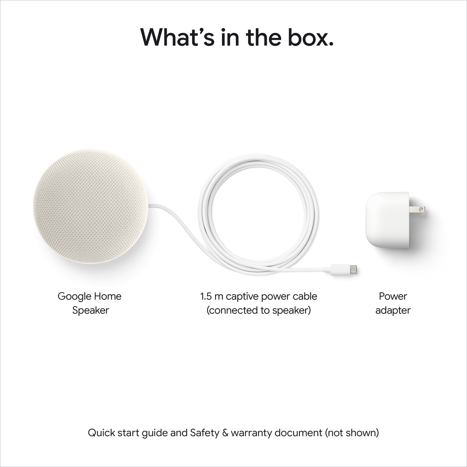 Google Home speaker, kabel en stroomadapter. Tekst: Wat zit er in de doos.