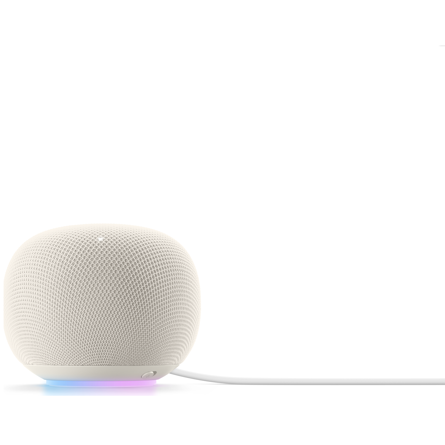 Een beige smart speaker met blauw-paars licht en een wit snoer.
