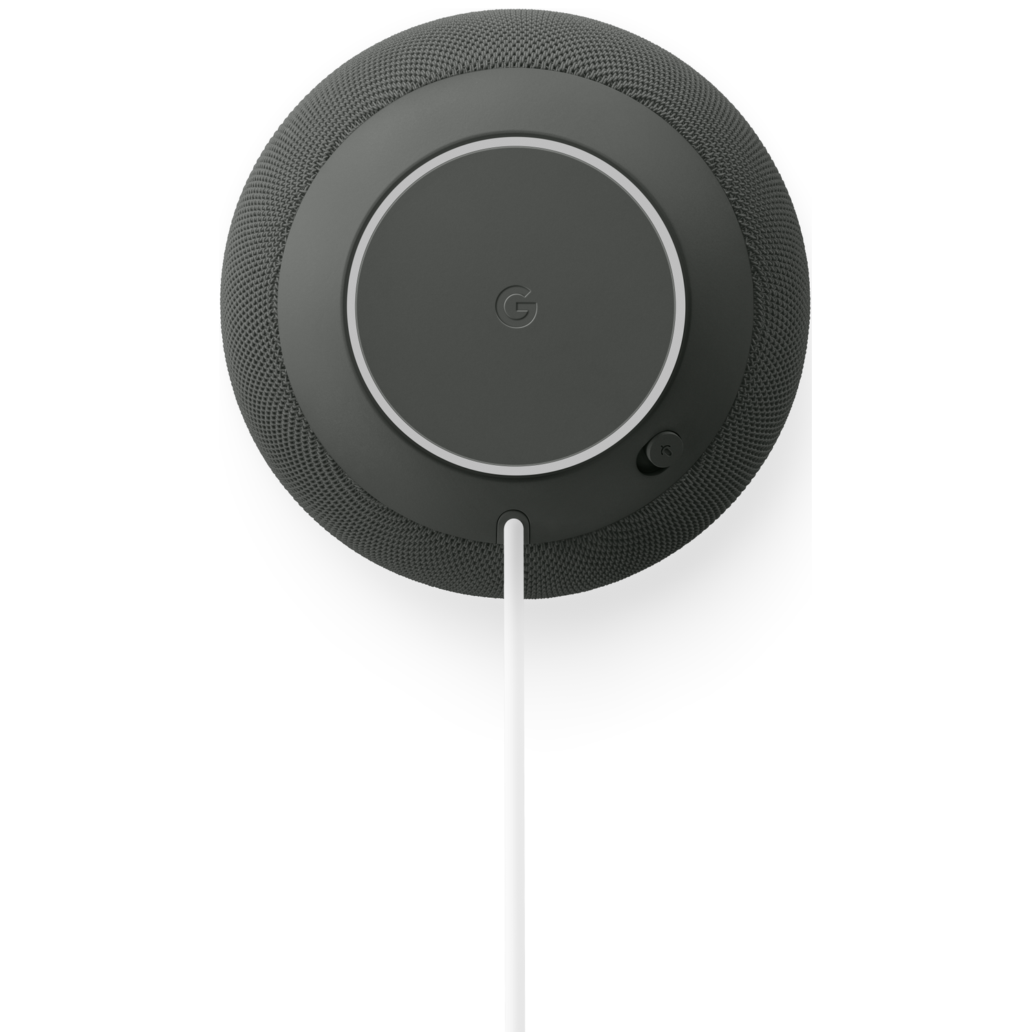 Donkergrijze Google Home Mini met wit snoer, van onderen gezien.