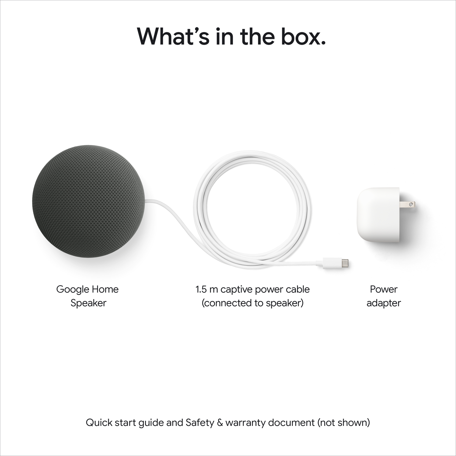 Google Home speaker, kabel en stroomadapter.