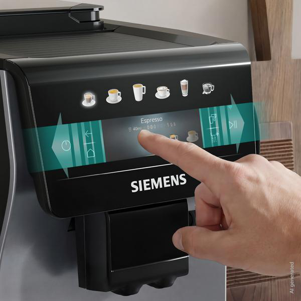 Ein Finger tippt auf den Bildschirm einer Siemens Kaffeemaschine, um Espresso auszuwählen.