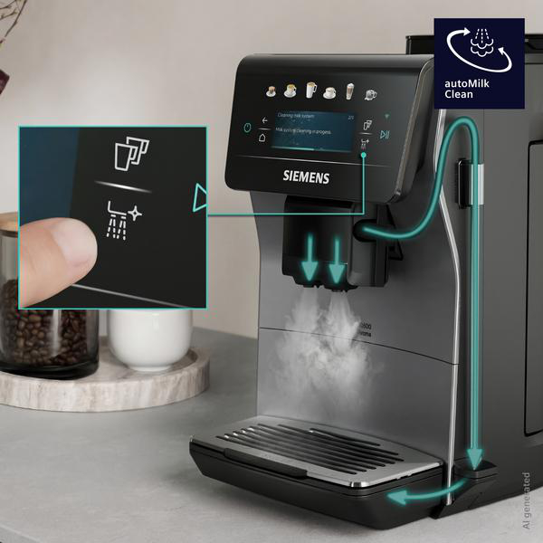 Ein Finger drückt auf ein Symbol einer Kaffeemaschine mit Dampf.