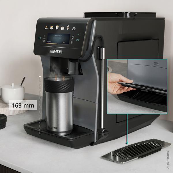 Siemens Kaffeevollautomat mit Edelstahlbecher, der Kaffee brüht. 163 mm Höhe angezeigt.