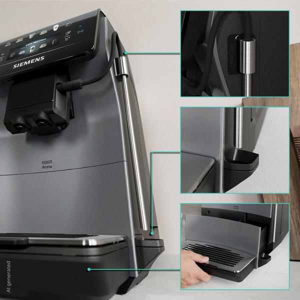 Graue Siemens Kaffeemaschine mit Milchsystem und Abtropfschale.