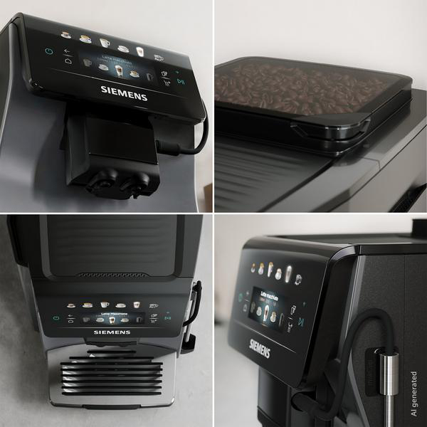 Eine schwarze Siemens Kaffeemaschine mit Touchscreen und Bohnenbehälter.