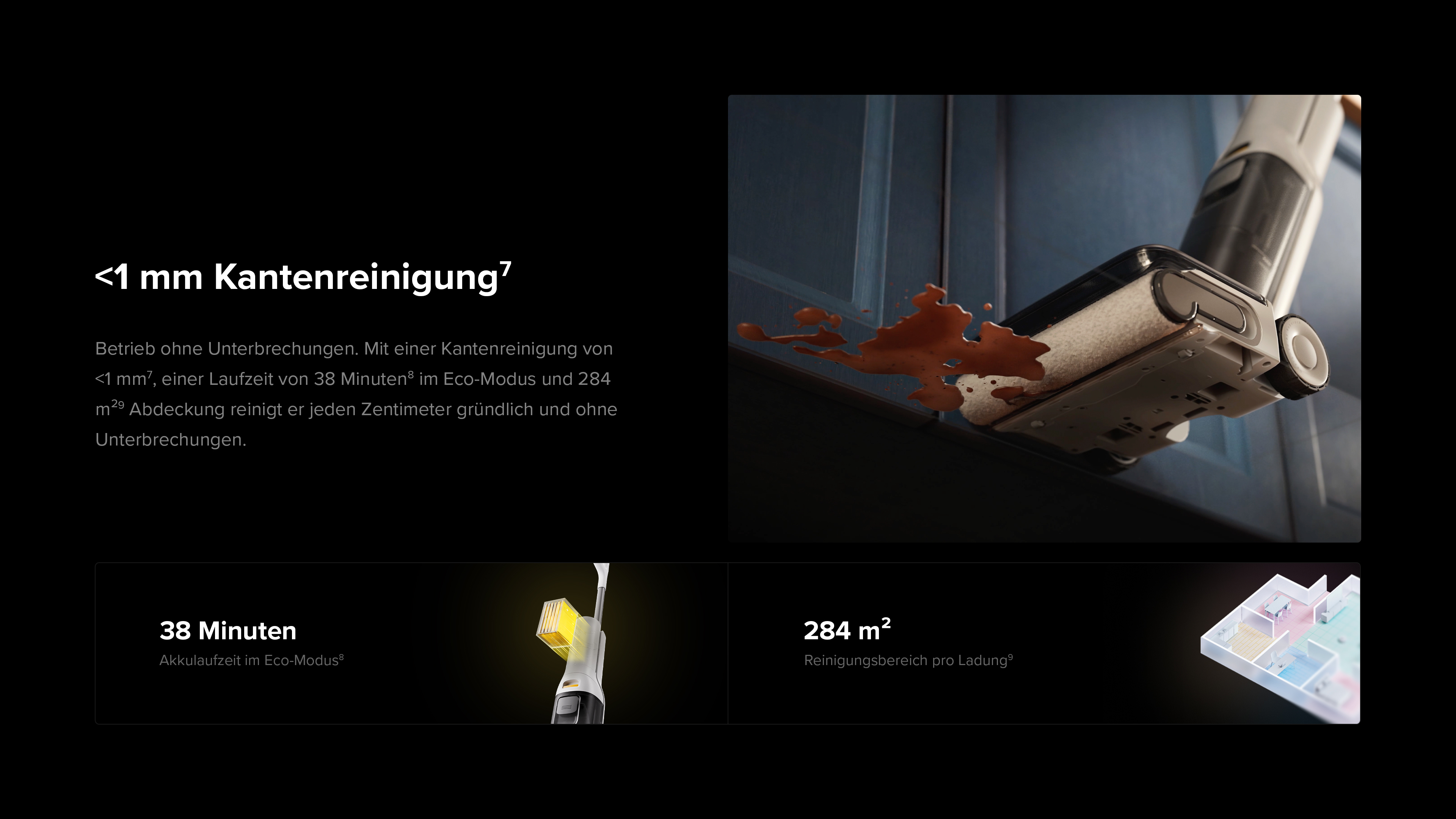Bodenreiniger mit 1 mm Kantenreinigung, Akkulaufzeit und Reinigungsbereich.