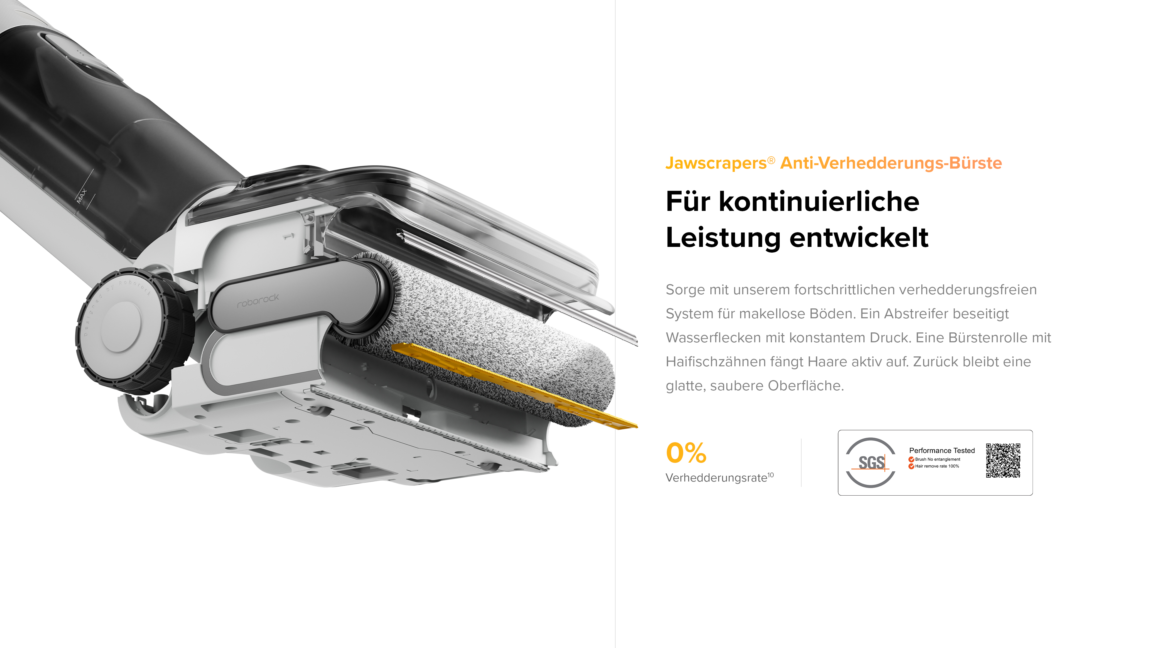 Roborock-Staubsauger mit Bürstenrolle, Wassertank und SGS-Leistungstest-Label.