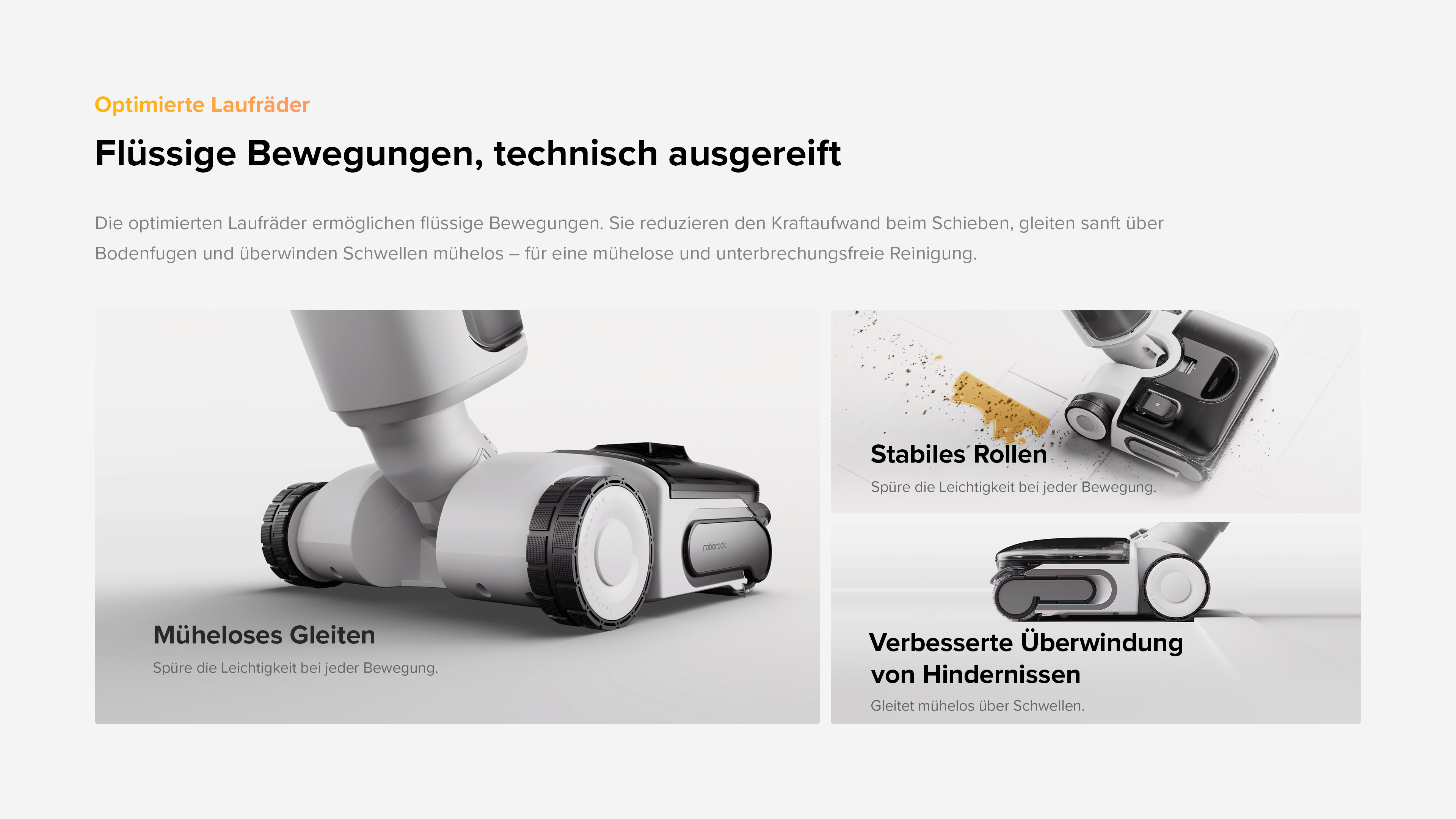 Ein Roboter-Staubsauger mit optimierten Laufrädern, der mühelos gleitet und Hindernisse überwindet.