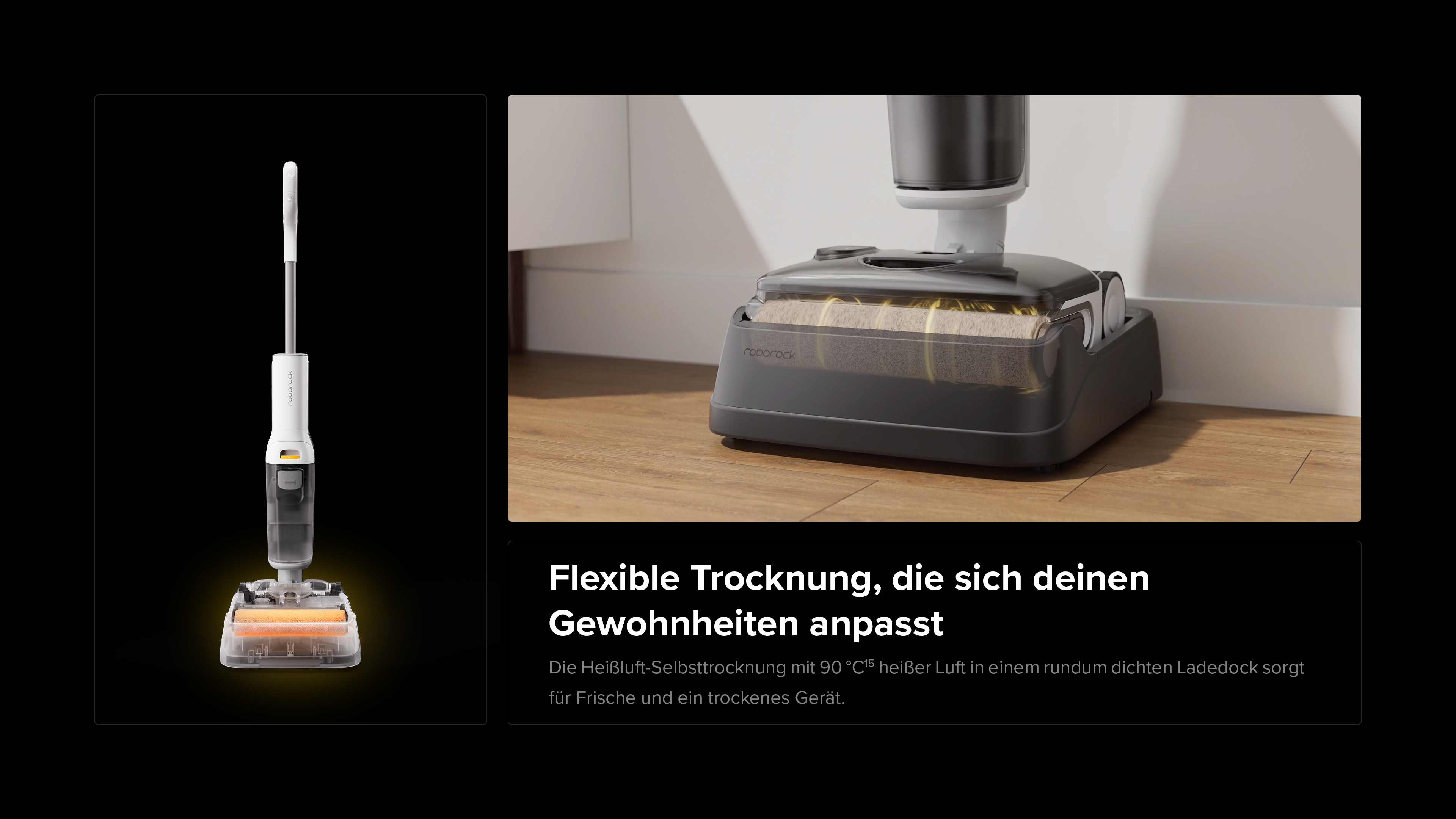 Ein weißer Bodenreiniger steht auf einem Holzboden neben einer Ladestation.
