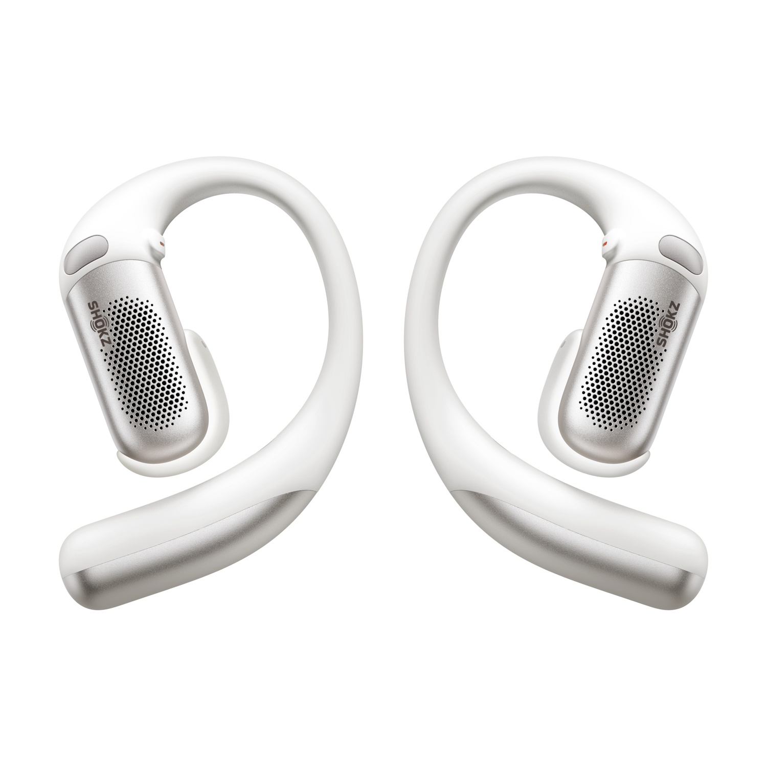 Due cuffie Shokz bianche con accenti argentati e ganci per l'orecchio.