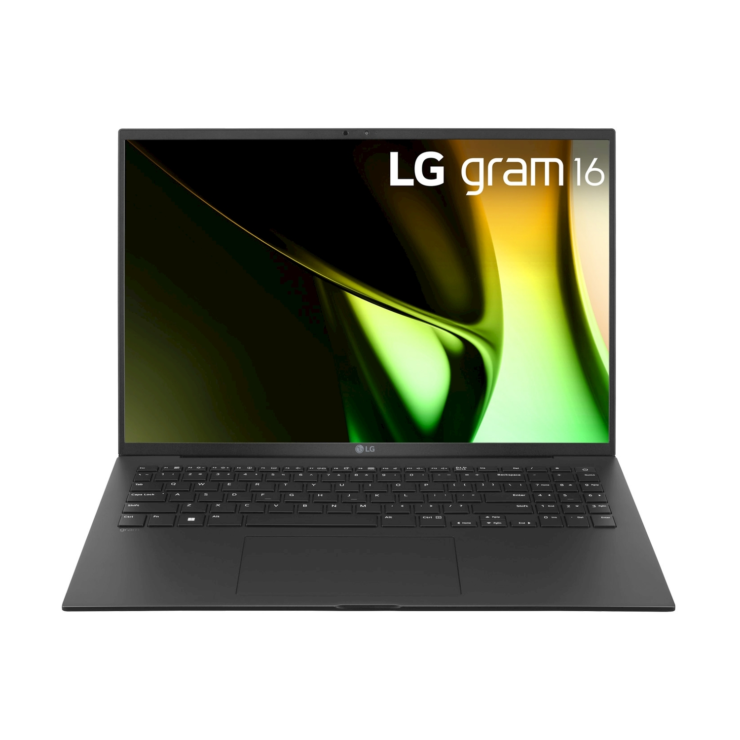 Un laptop LG Gram 16 nero con tastiera retroilluminata e sfondo elegante.