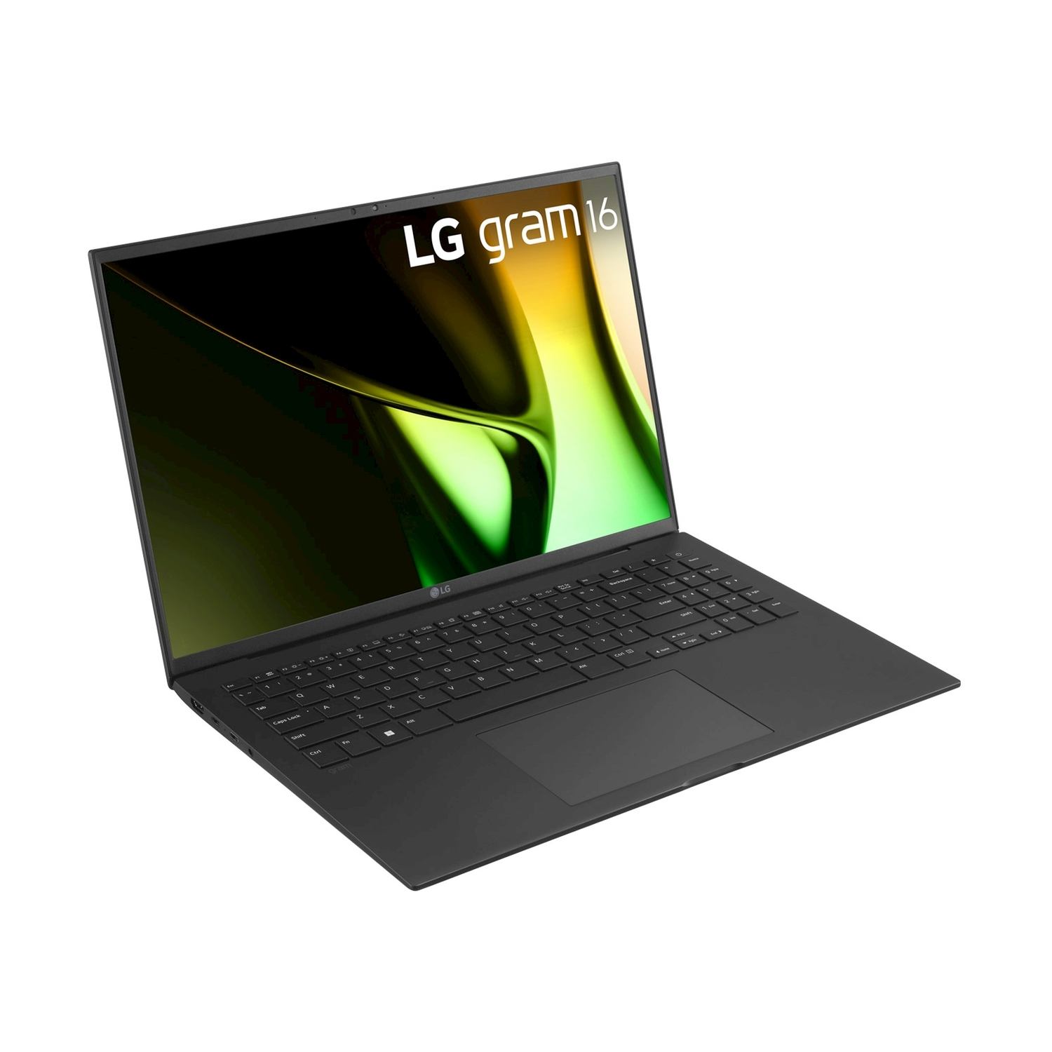 Laptop LG Gram 16 nero con tastiera illuminata e ampio touchpad.