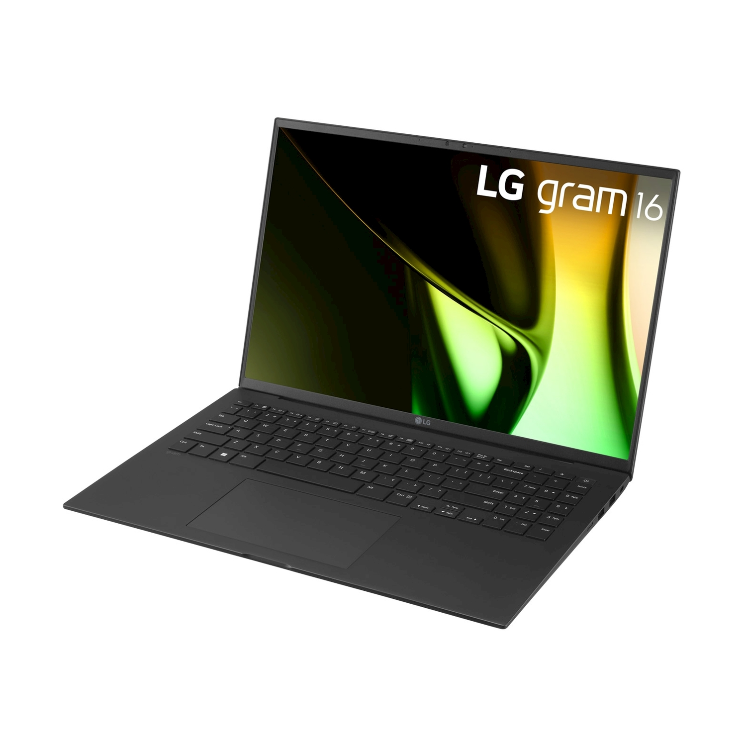 Un laptop nero LG Gram 16 con schermo acceso, mostrato su sfondo bianco.