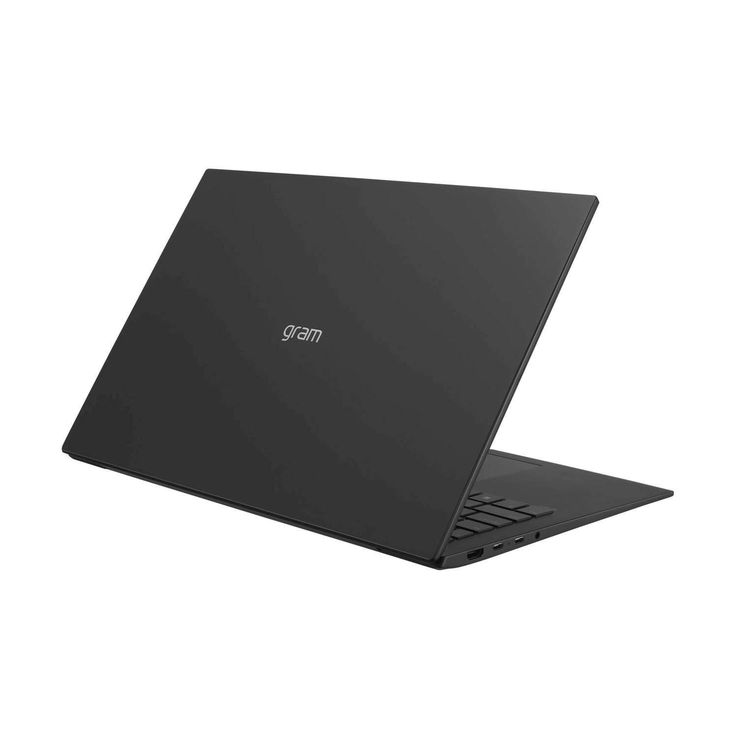 Laptop LG Gram nero su bianco, parzialmente aperto, con porte.
