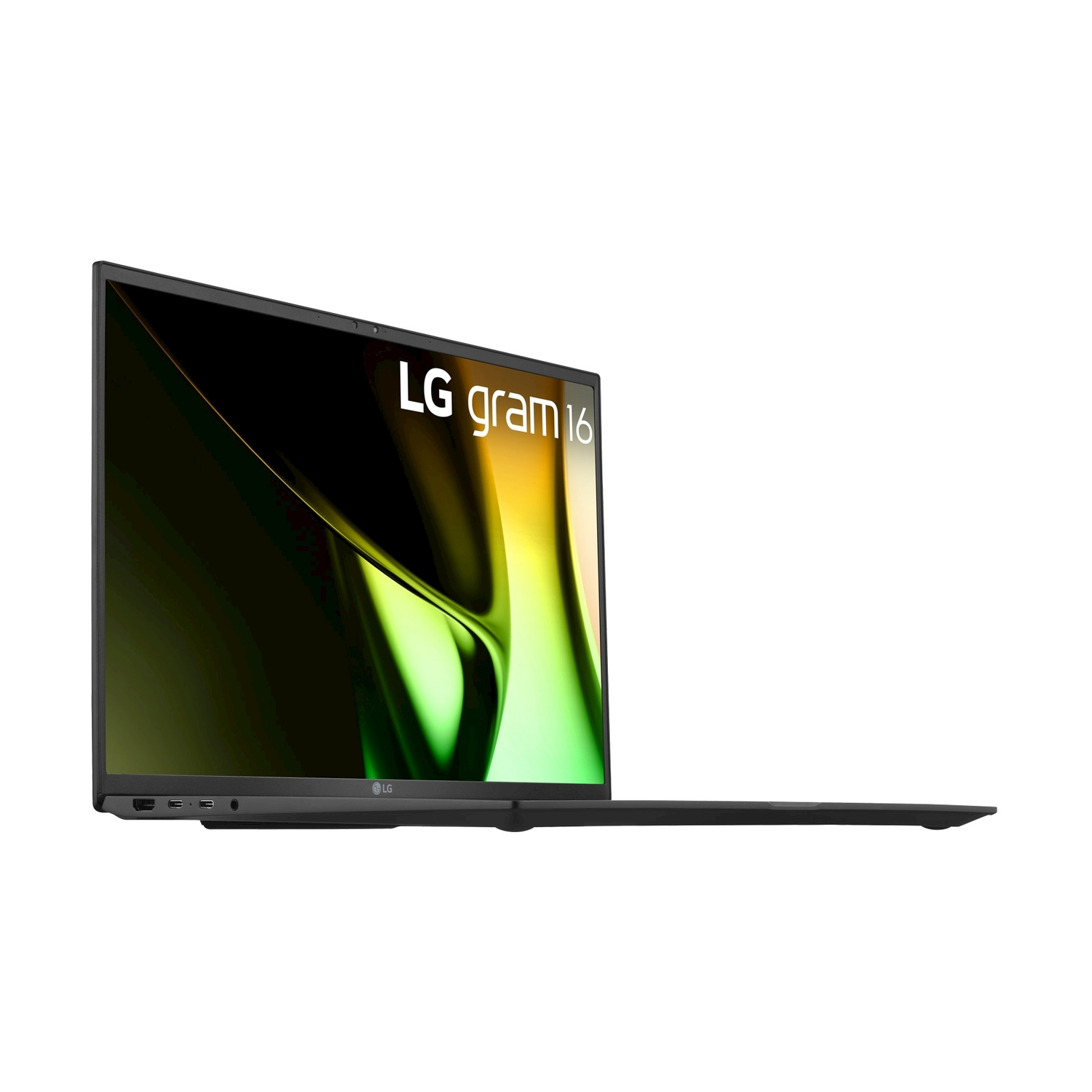 Un elegante laptop LG Gram 16 aperto in nero, su sfondo bianco.