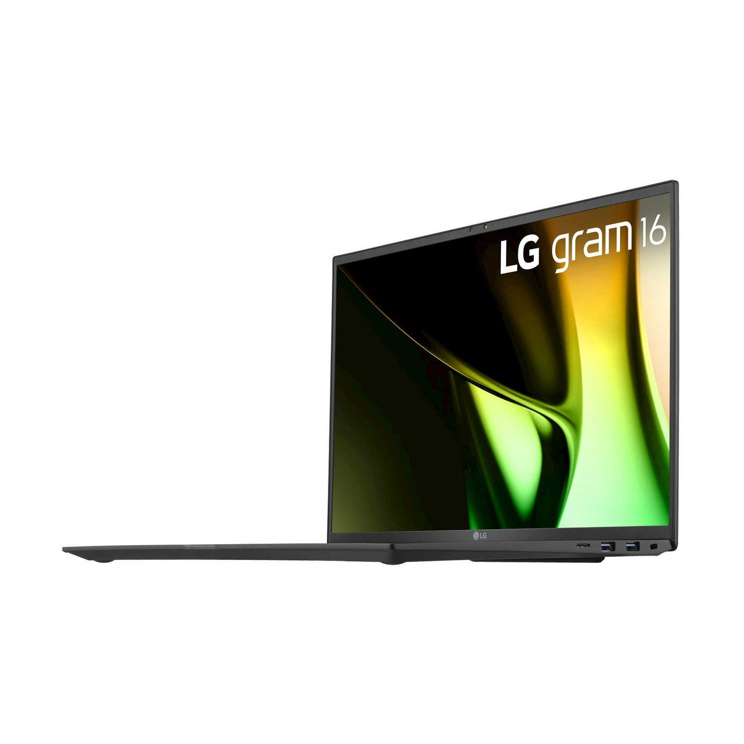 Un laptop LG gram 16 aperto con uno sfondo astratto verde e giallo sullo schermo.