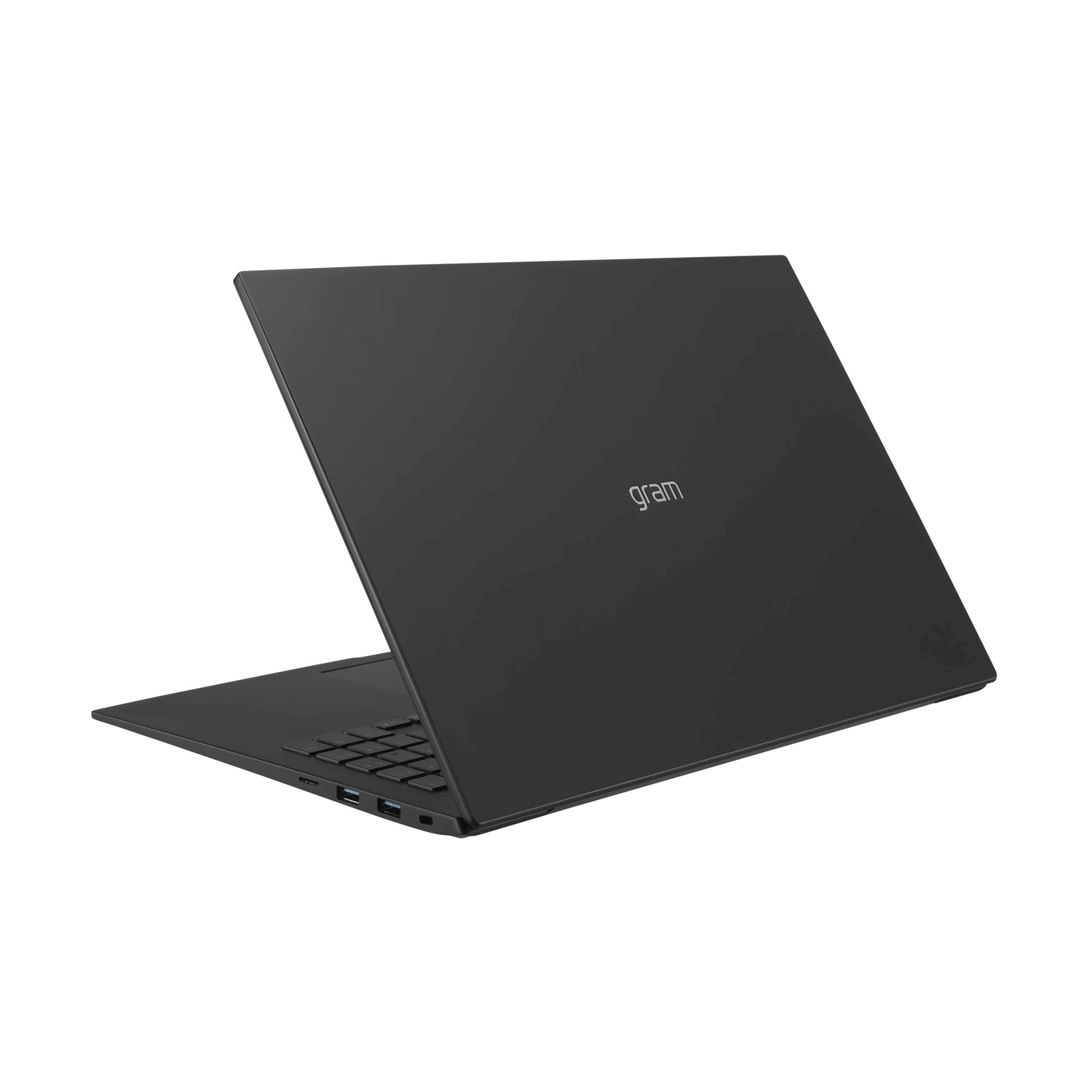 Un laptop LG Gram nero è aperto e visto di lato, leggermente angolato.