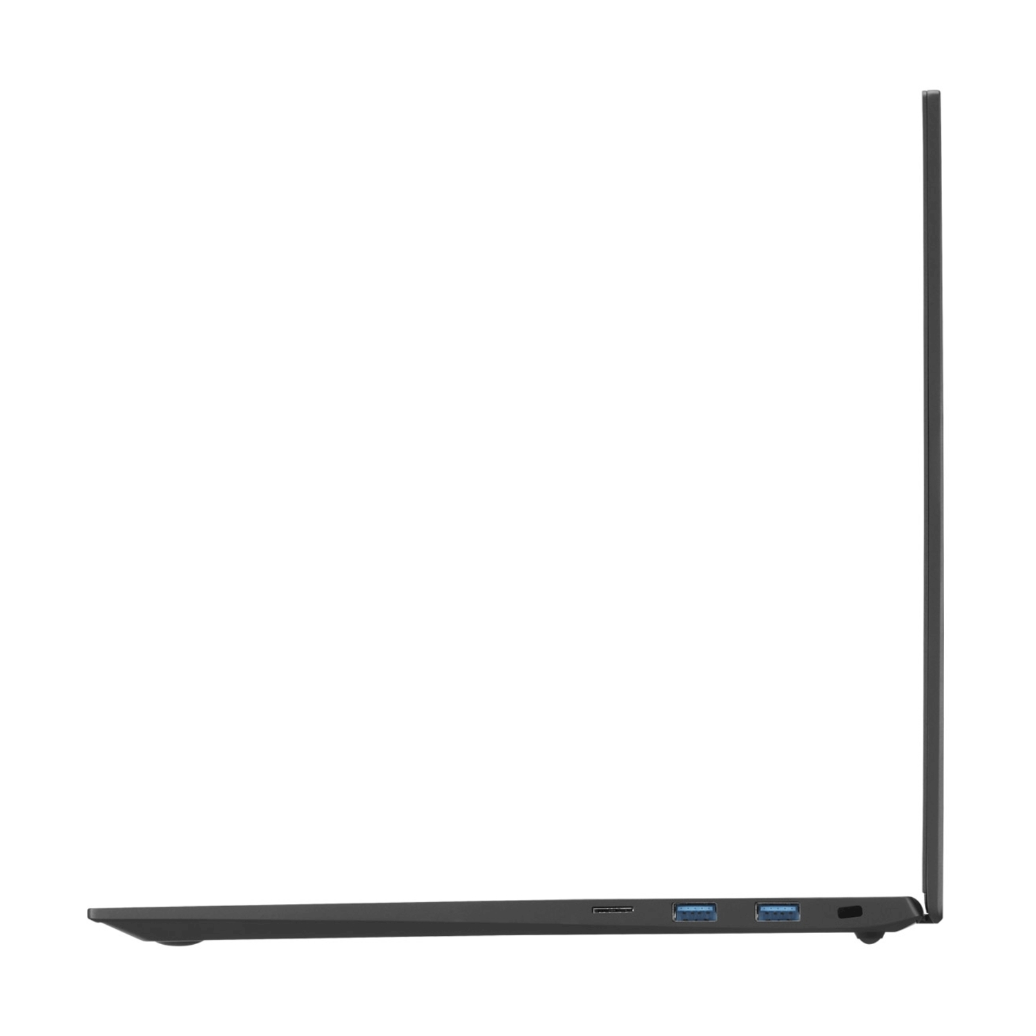 Vista laterale di un laptop sottile e scuro con due porte USB.