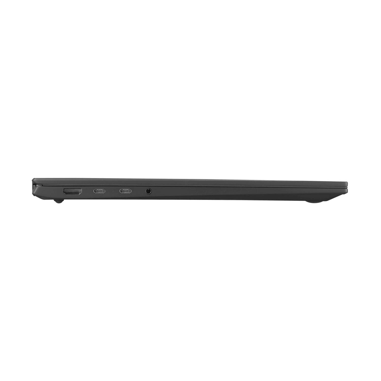 Vista laterale di un laptop nero con porte: HDMI, USB-C, USB-A, jack per cuffie.