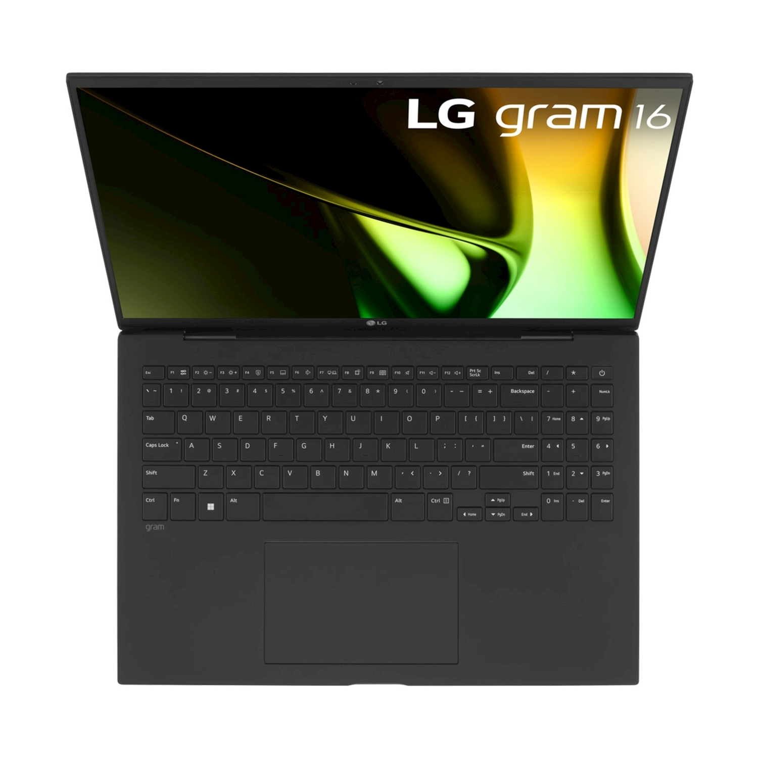 Un laptop LG Gram 16 nero con display aperto, che mostra la tastiera.