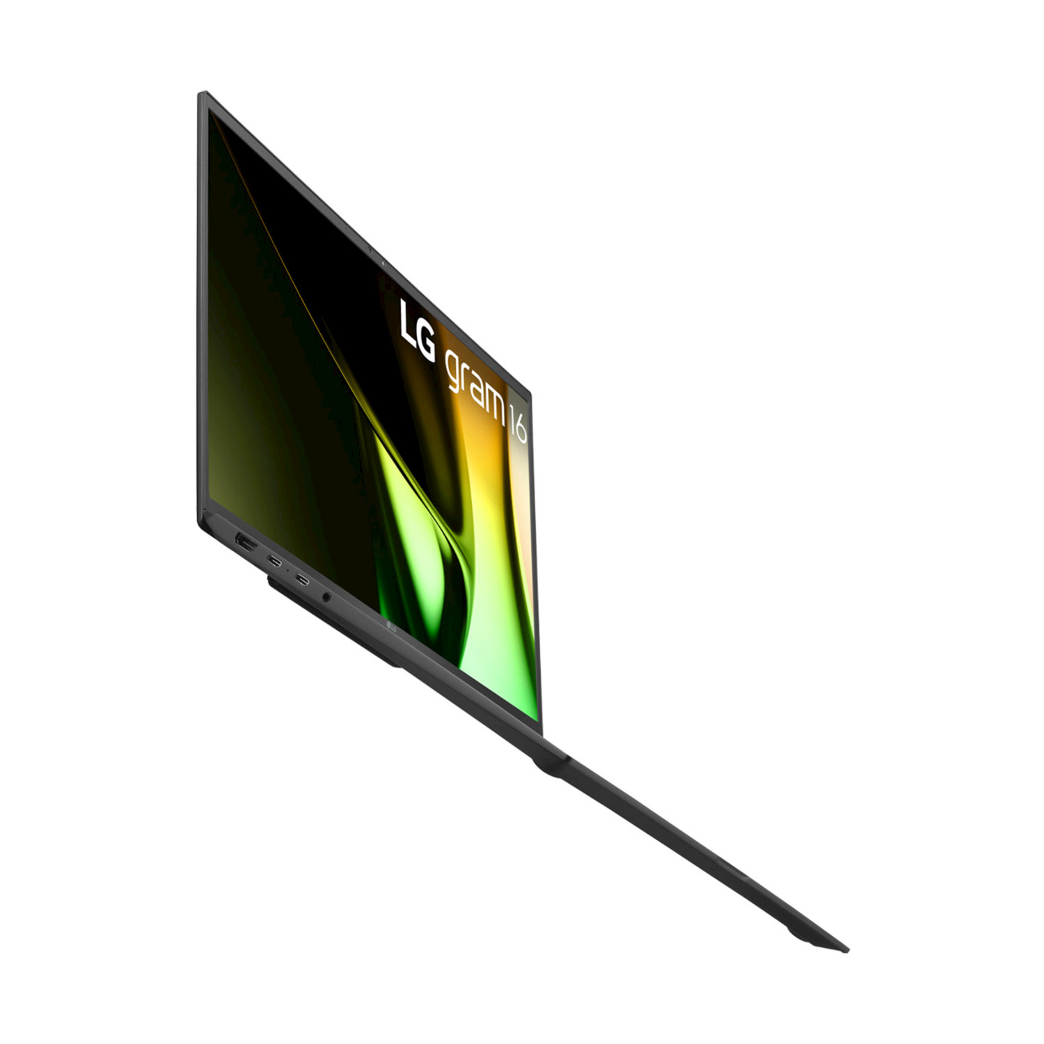 Un laptop LG Gram 16 aperto con schermo scuro e logo su sfondo bianco.