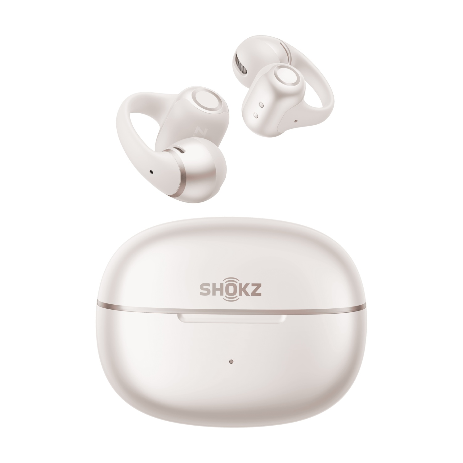 Auricolari wireless bianchi e custodia di ricarica con logo SHOKZ su sfondo bianco.